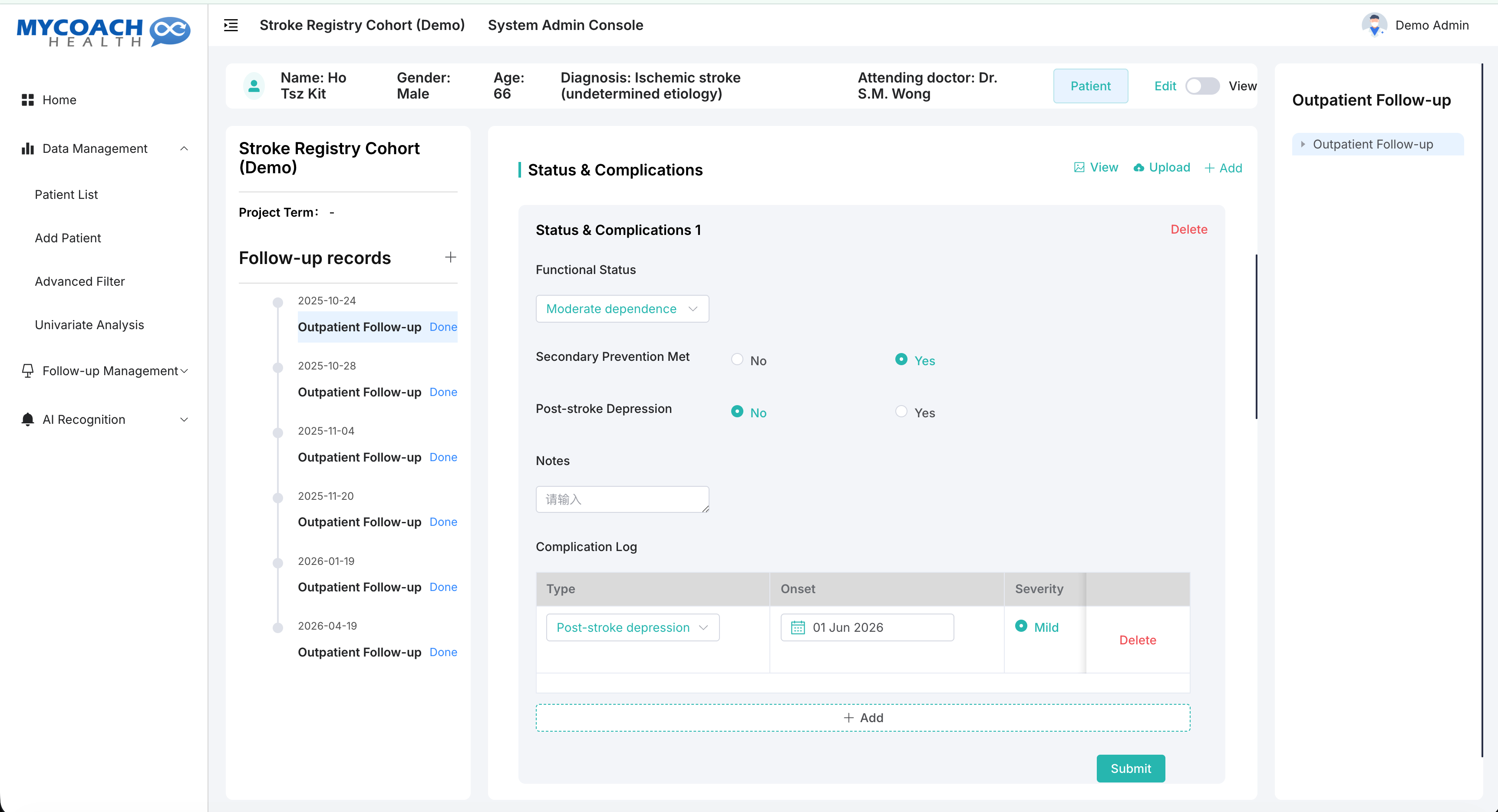 Clinical Database — product screenshot of a patient's structured, longitudinal follow-up record in a demo stroke registry cohort